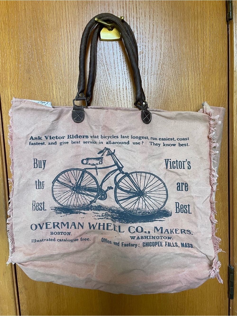 Myra Extra-Large Vintage-Inspired Pink Canvas Tote Bag with Bicycle Print